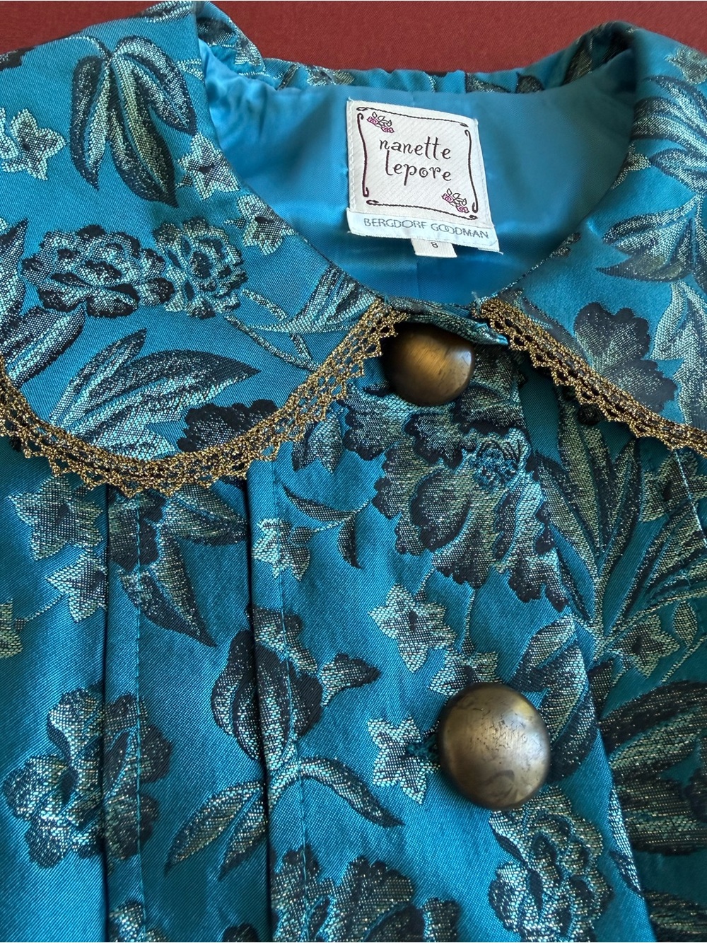NWT Nanette Lepore Bergdorf Goodman Turquoise Brocade Peplum Jacket Size 8 - Picture 4 of 11